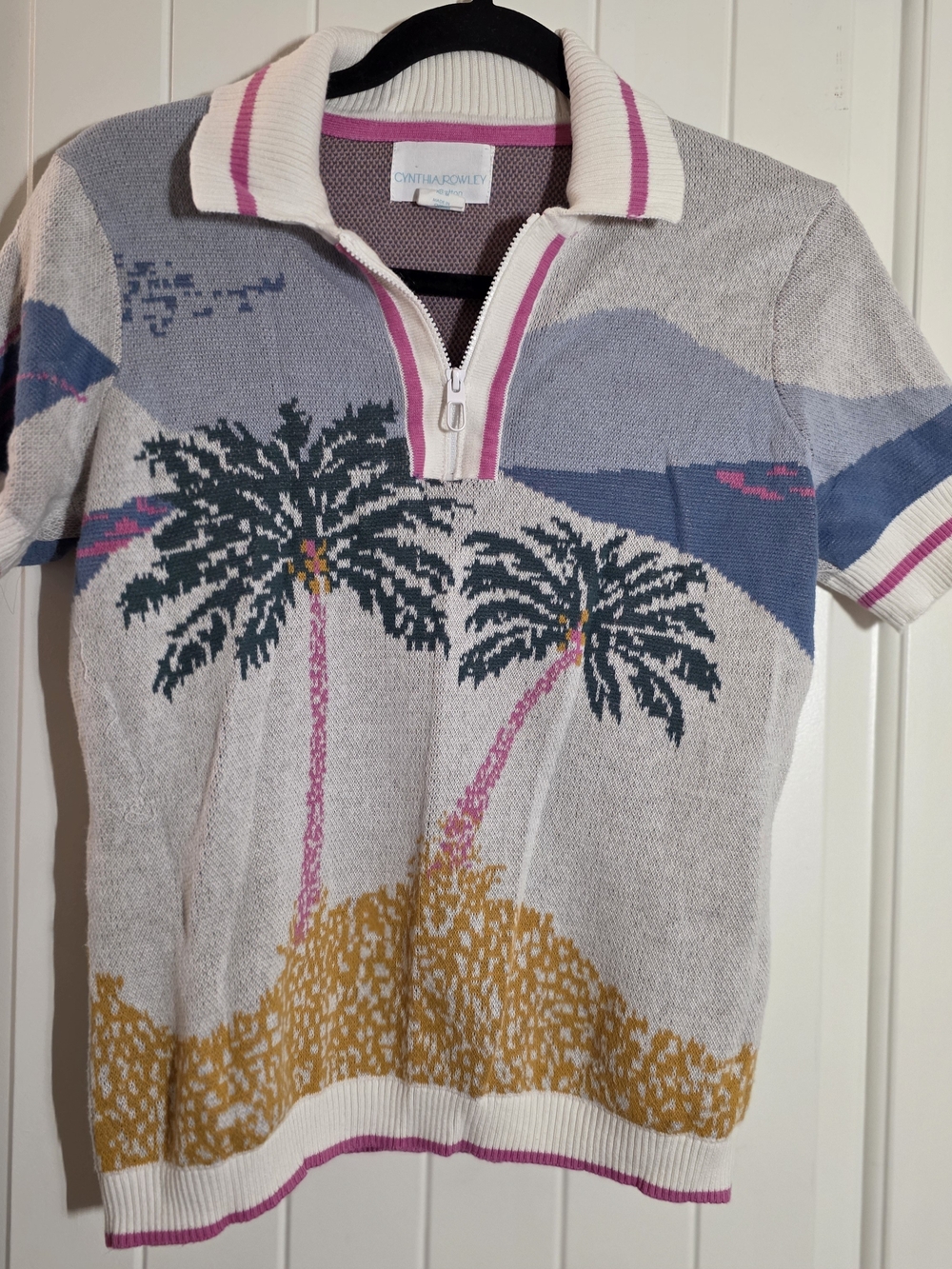 Cynthia Rowley Cream Polo with Pink, Blue & Gold Palm Print